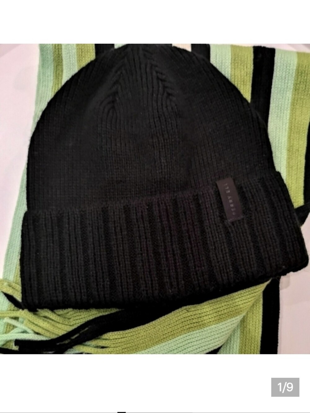 Perry Ellis Black Knit Winter Beanie & Stokkhomme Green, Black Striped Scarf New